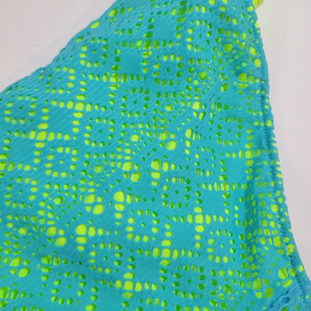 Victoria's Secret Bikini Set 34C M Turquoise Neon Lime Green Eyelet Lace Halter - Picture 3 of 6